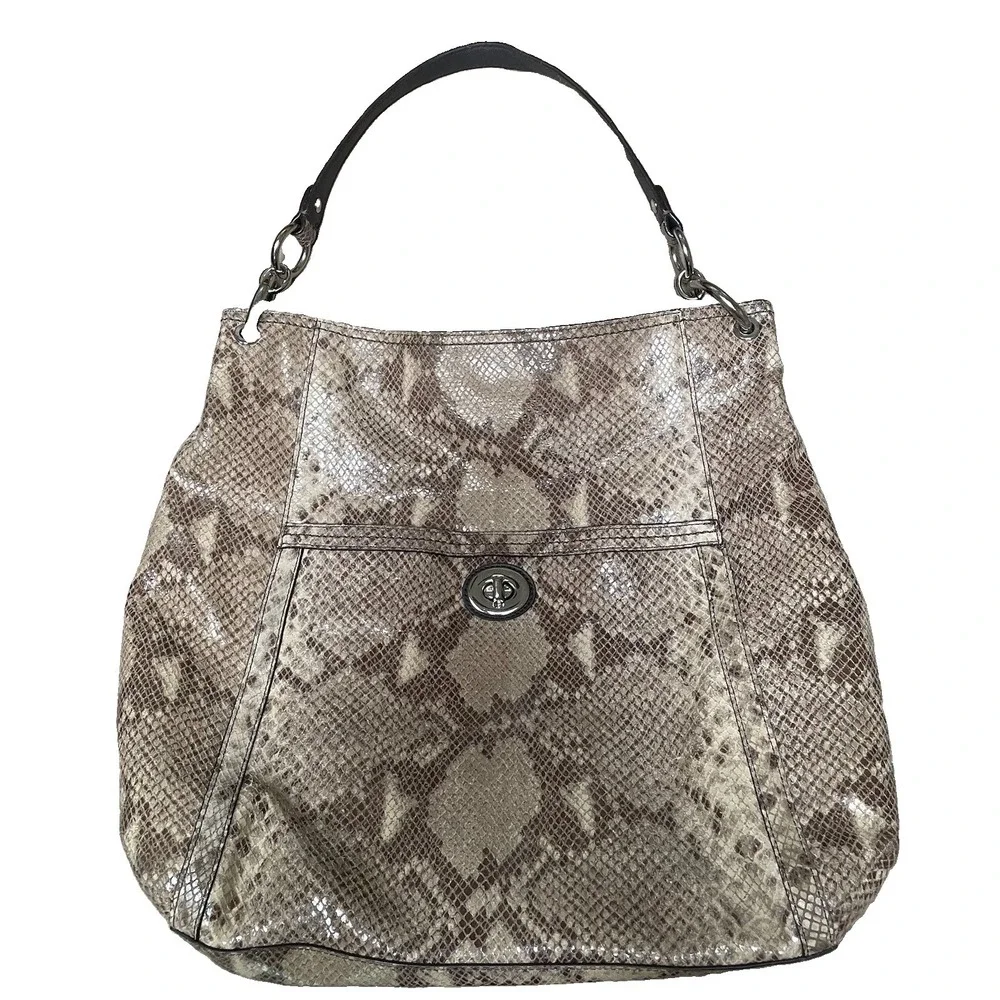 Coach Park Python Snake Print Leather Shoulder Hobo Bag Y2K Style Tan Shiny
